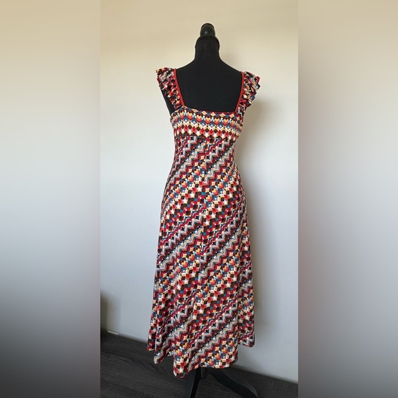 Vintage Midi Dress Hot Kiss Retro Psychedelic Heart Print With Ruffle Straps M - Picture 6 of 14